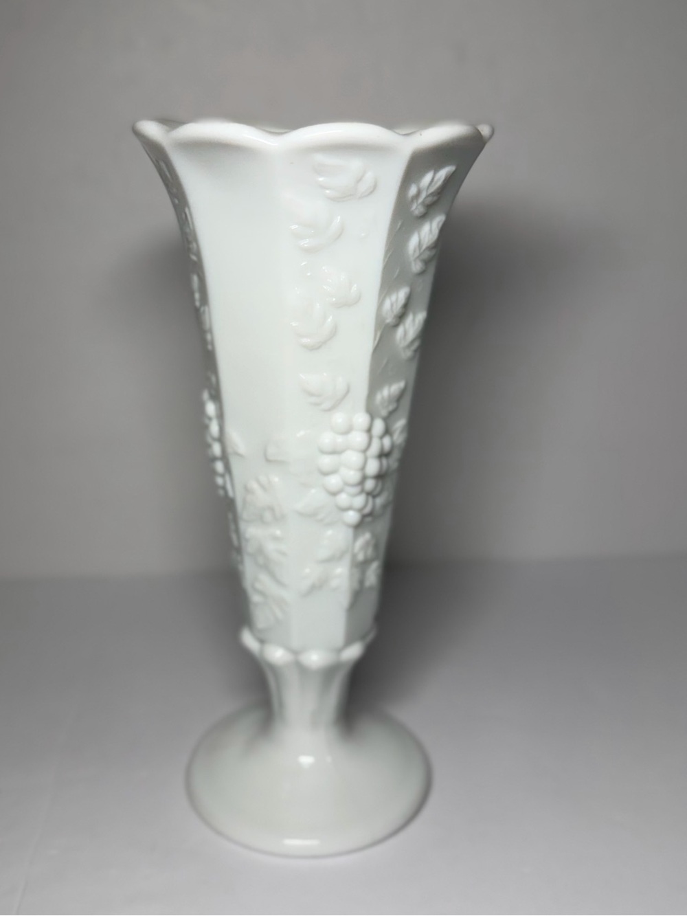 Vintage Westmoreland Paneled Grape milk glass pedestal Vase.